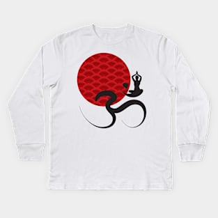 Red Scallop Sun Yoga and Om Black Calligraphy Kids Long Sleeve T-Shirt